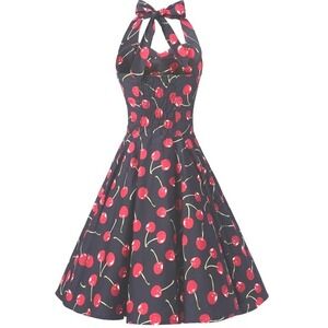 IXIA Cherry Print‎ Fit & Flare V-Neck Pin-up Dress, Stretch Cotton, Size L